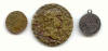Аверс медной монеты варварской чеканки, латунного римского сестерция и серебряного змеевика с надписями.